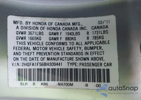2011 Honda Civic Lx from USA, damaged, VIN 2HGFA1F56BH309441